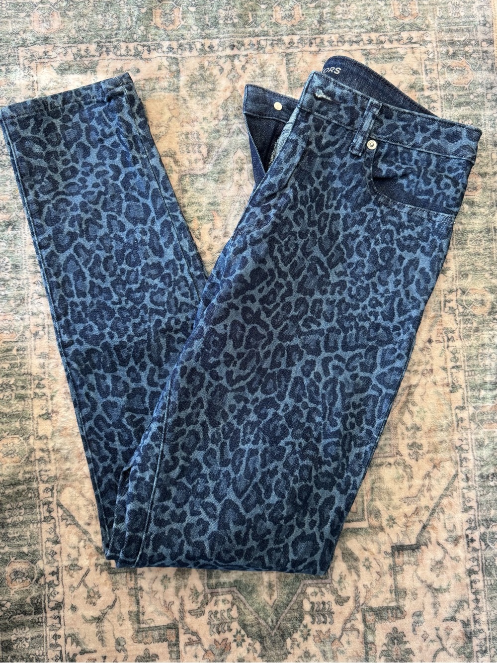 Michael Kors Women's Dark Blue Leopard-Print Skinny Jeans